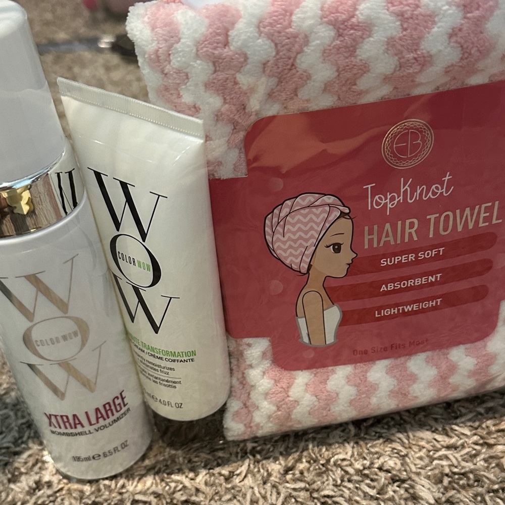 Color Wow Hair Care Set with Pink and White Topknot Towel